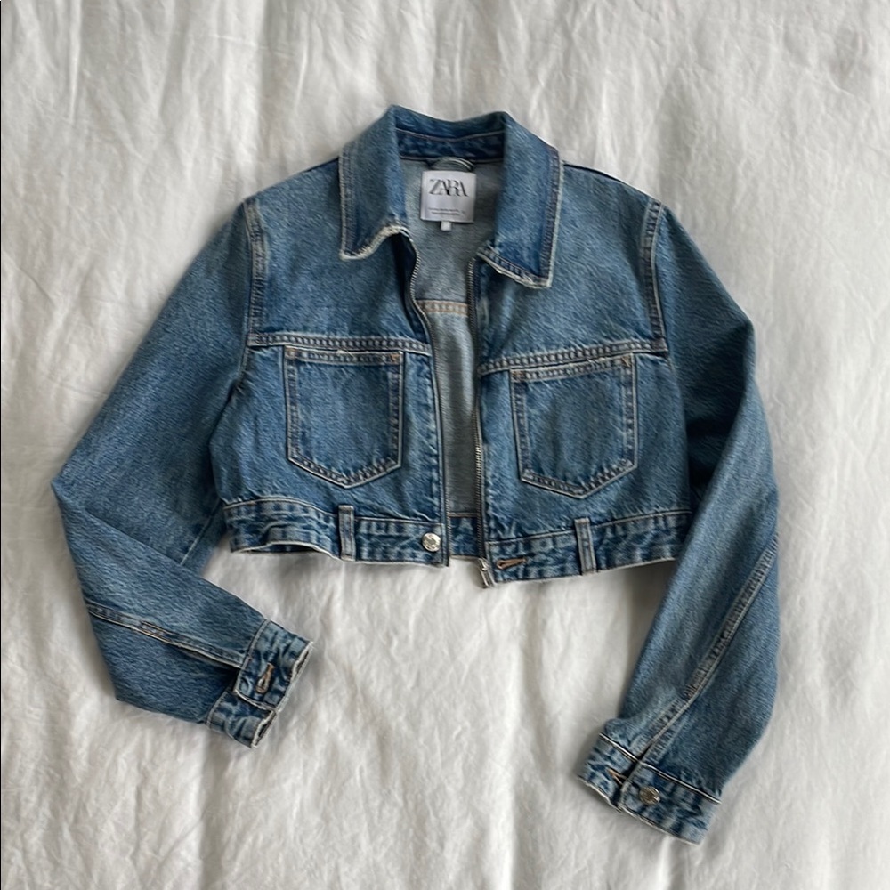Zara Blue Cropped Jean Jacket with Classic Collar